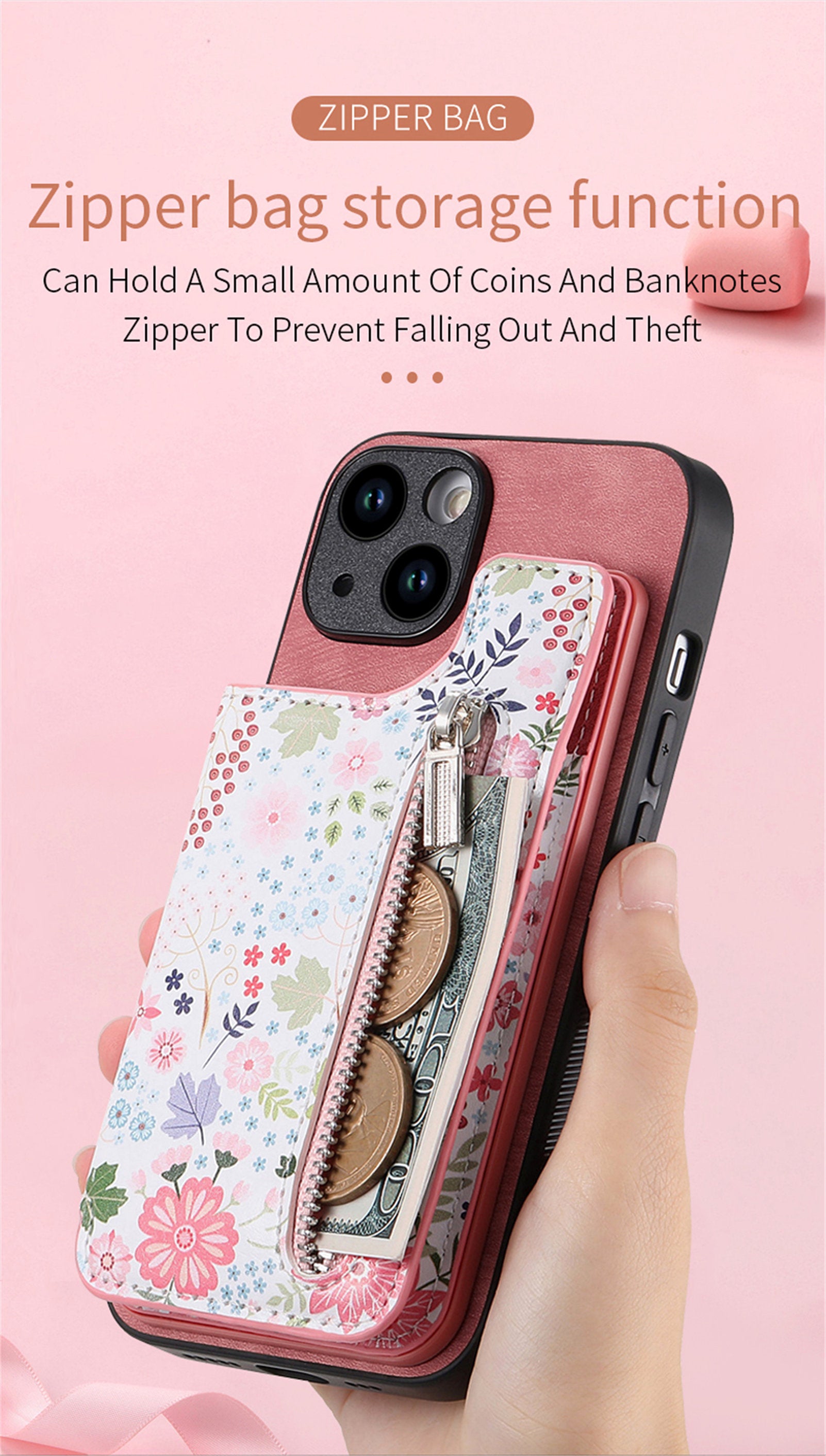Zipper Card Slot Wallet iPhone Case – Magnetic Closure, Purse Pocket, Floral Design, Shockproof Protective Cover for iPhone