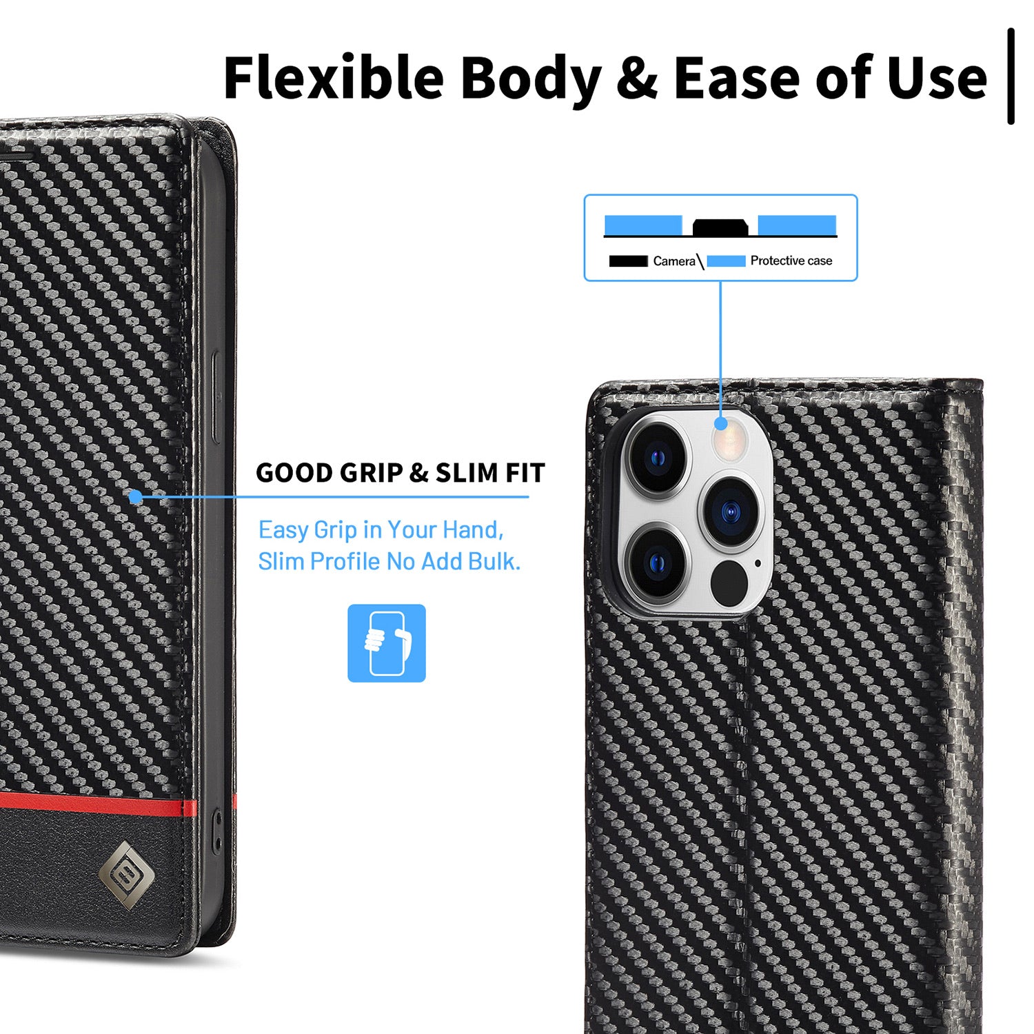 Luxury Carbon Fiber Leather Wallet iPhone Case – Magnetic Flip Cover, Card Holder, Shockproof Protection, Durable for iPhone