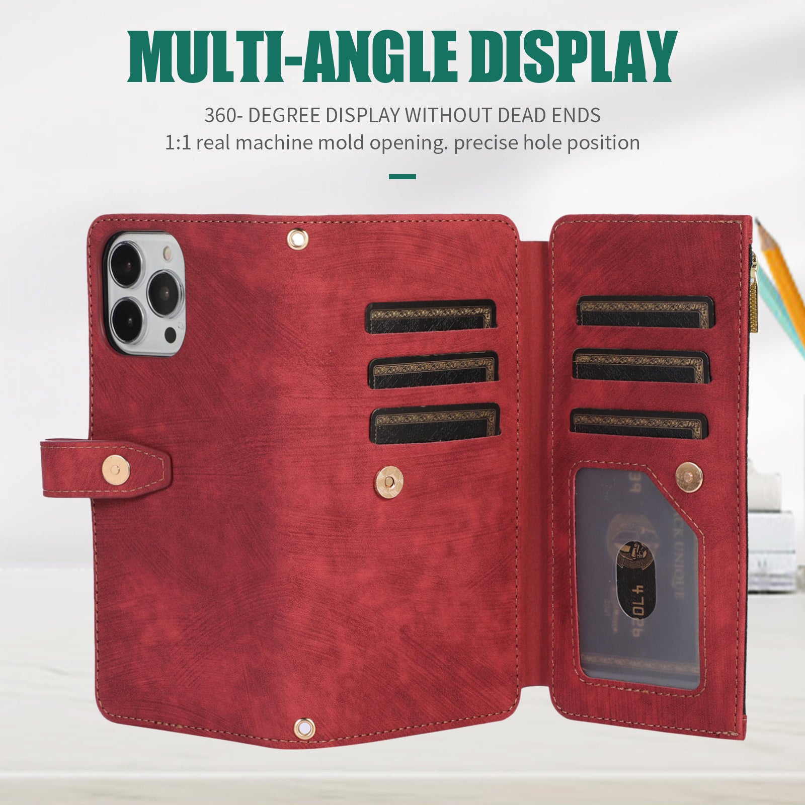 Luxury Crossbody Zipper Wallet iPhone Case – Leather Card Holder, Lanyard Strap, Closure Hands-Free Convenience for iPhone