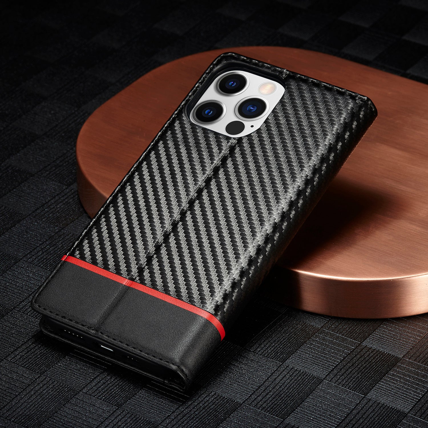 Luxury Carbon Fiber Leather Wallet iPhone Case – Magnetic Flip Cover, Card Holder, Shockproof Protection, Durable for iPhone