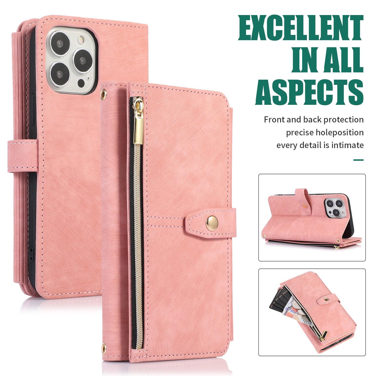 Luxury Crossbody Zipper Wallet iPhone Case – Leather Card Holder, Lanyard Strap, Closure Hands-Free Convenience for iPhone