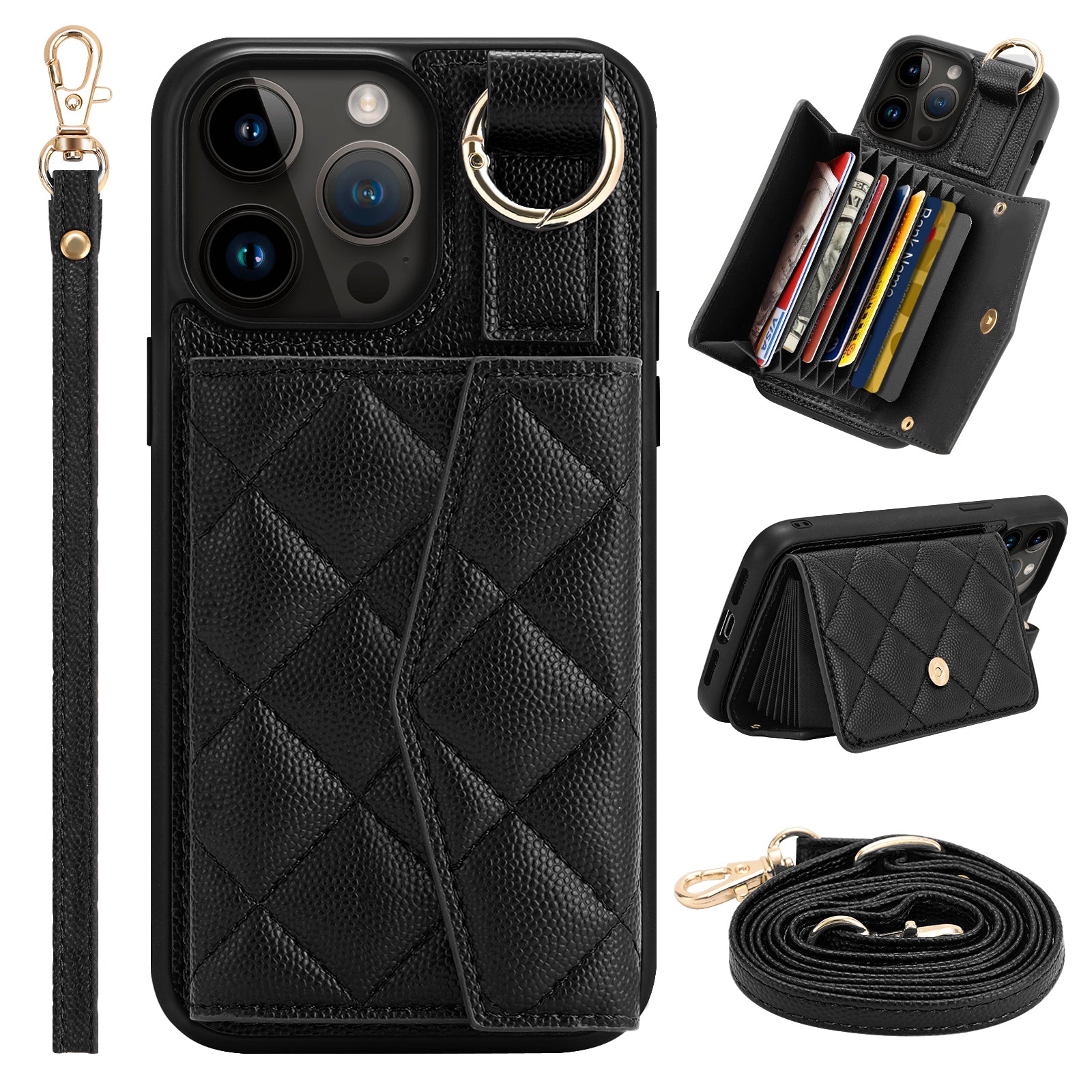 Luxury Crossbody Wallet iPhone Case – Cute Flip Leather Cover, Card Holder, Necklace Strap, Kickstand, Protection for iPhone