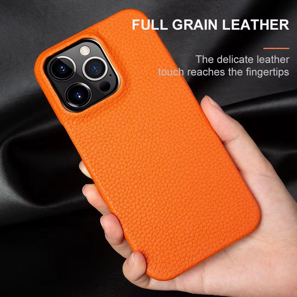 Luxury Natural Cowhide Leather MagSafe iPhone Case – Lychee Texture, Durable & Stylish Phone Back Cover | Case for iPhone