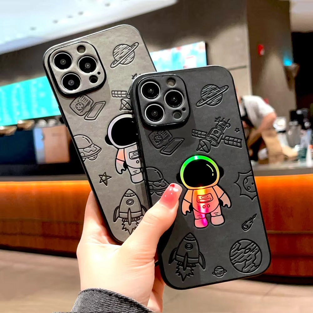 Premium Gradient Laser Astronaut iPhone Case – Faux Leather, Full Back Protection, Stylish & Durable Cover | Case for iPhone