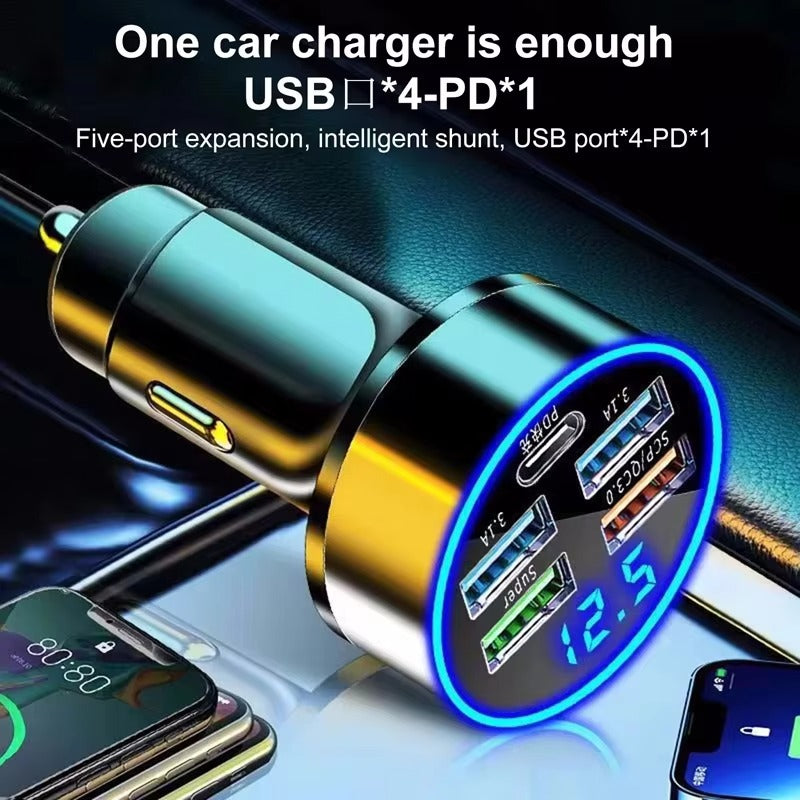 Premium 250W USB Car Charger with Digital Display – 6-Port Fast Charging PD QC3.0 Type-C Adapter, Intelligent Protection, Quick Charge