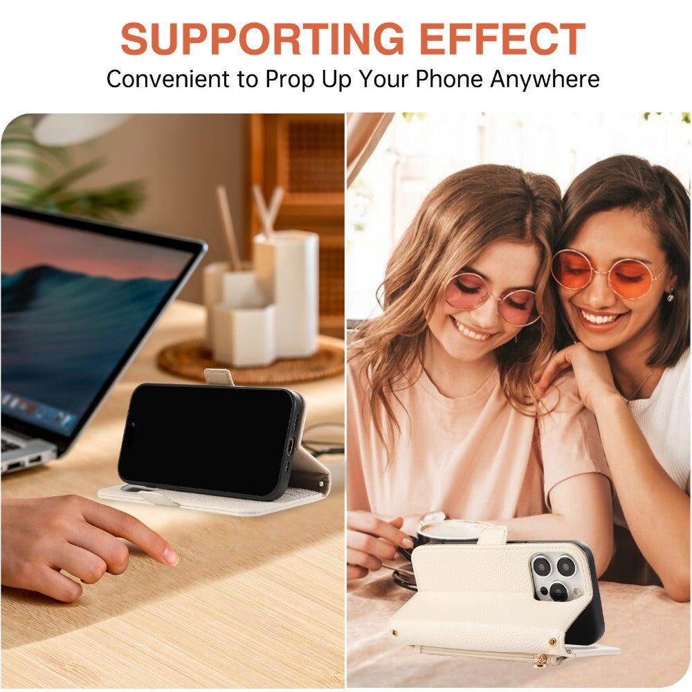 Luxury Crossbody Zipper Wallet iPhone Case – Leather Card Holder, Hands-Free Strap, Shockproof Protection, and Stylish Design for Ultimate Convenience