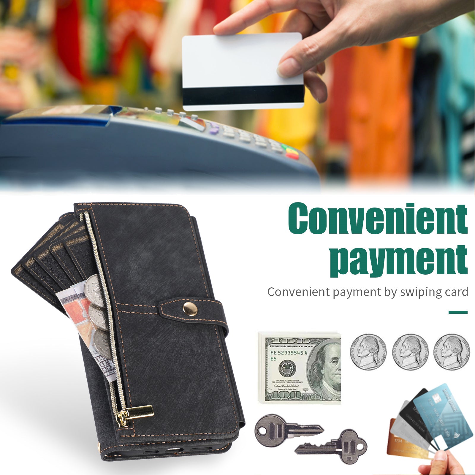 Luxury Crossbody Zipper Wallet iPhone Case – Leather Card Holder, Lanyard Strap, Closure Hands-Free Convenience for iPhone