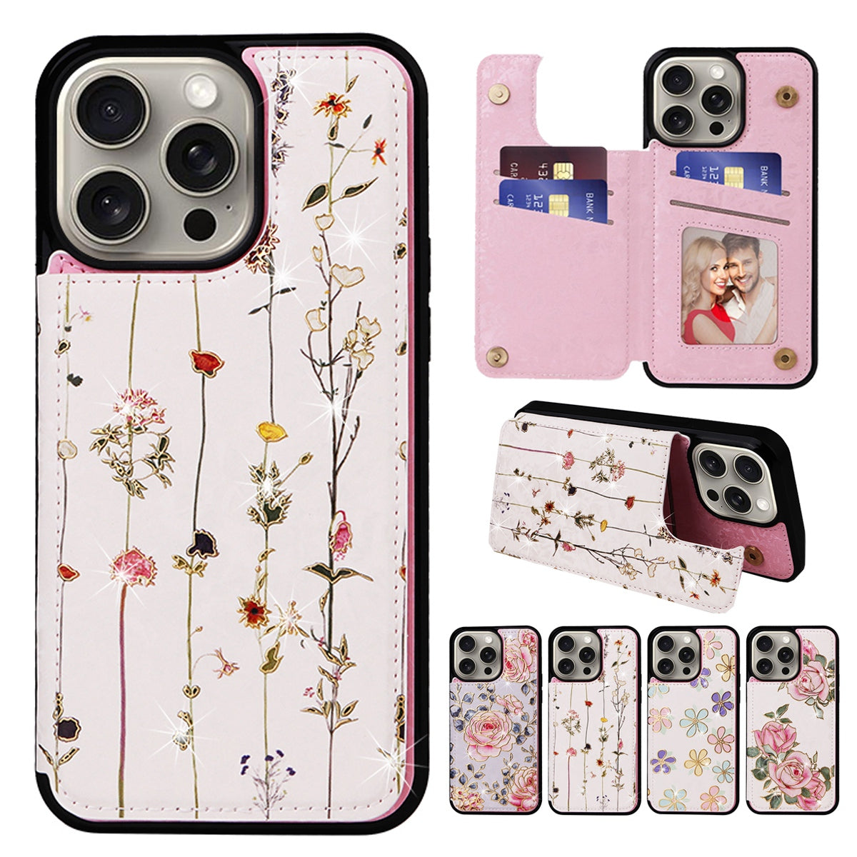 Hot Stamped Floral Wallet iPhone Case – Card Slots Magnetic Closure, Elegant Leather Design, Shockproof Protection for iPhone
