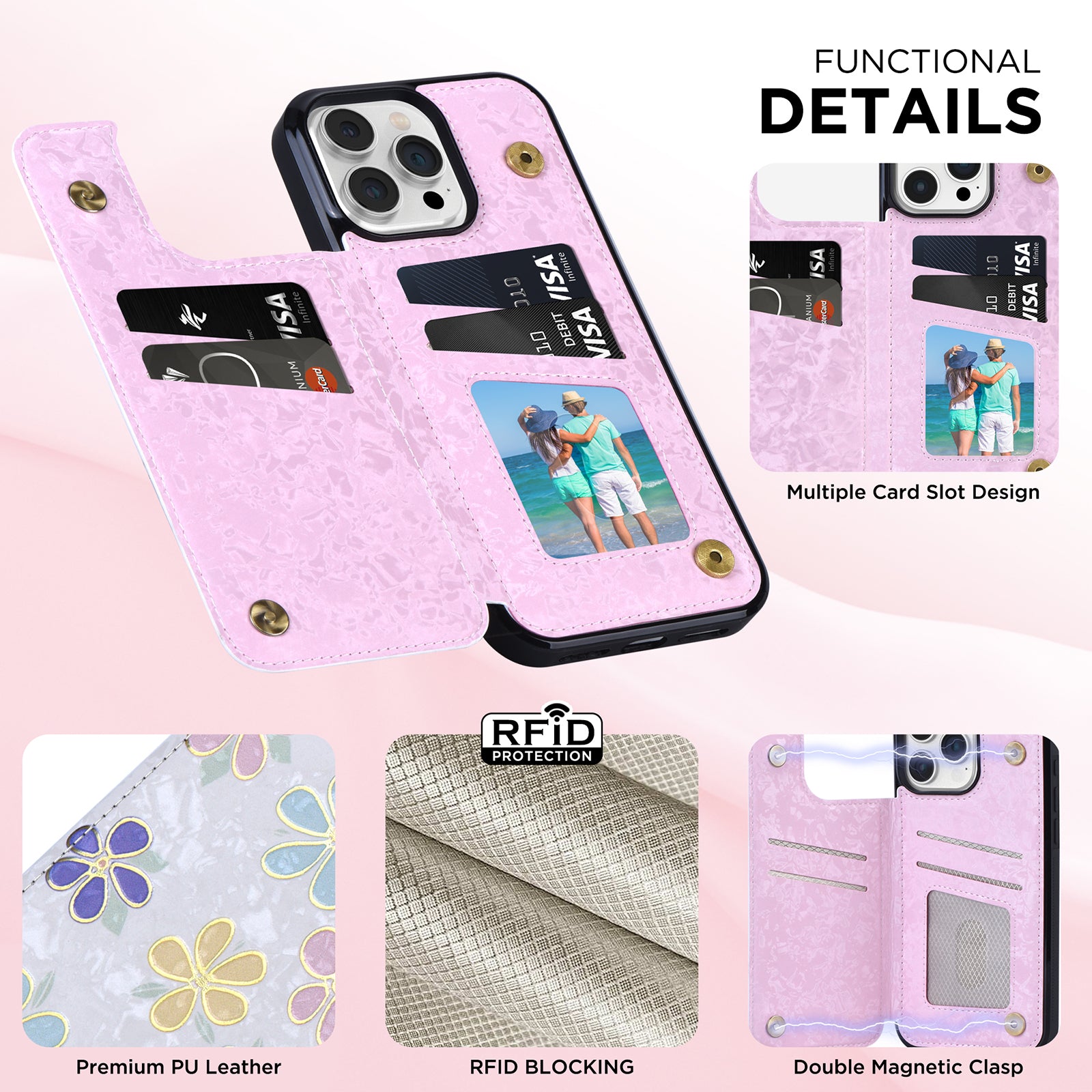 Hot Stamped Floral Wallet iPhone Case – Card Slots Magnetic Closure, Elegant Leather Design, Shockproof Protection for iPhone