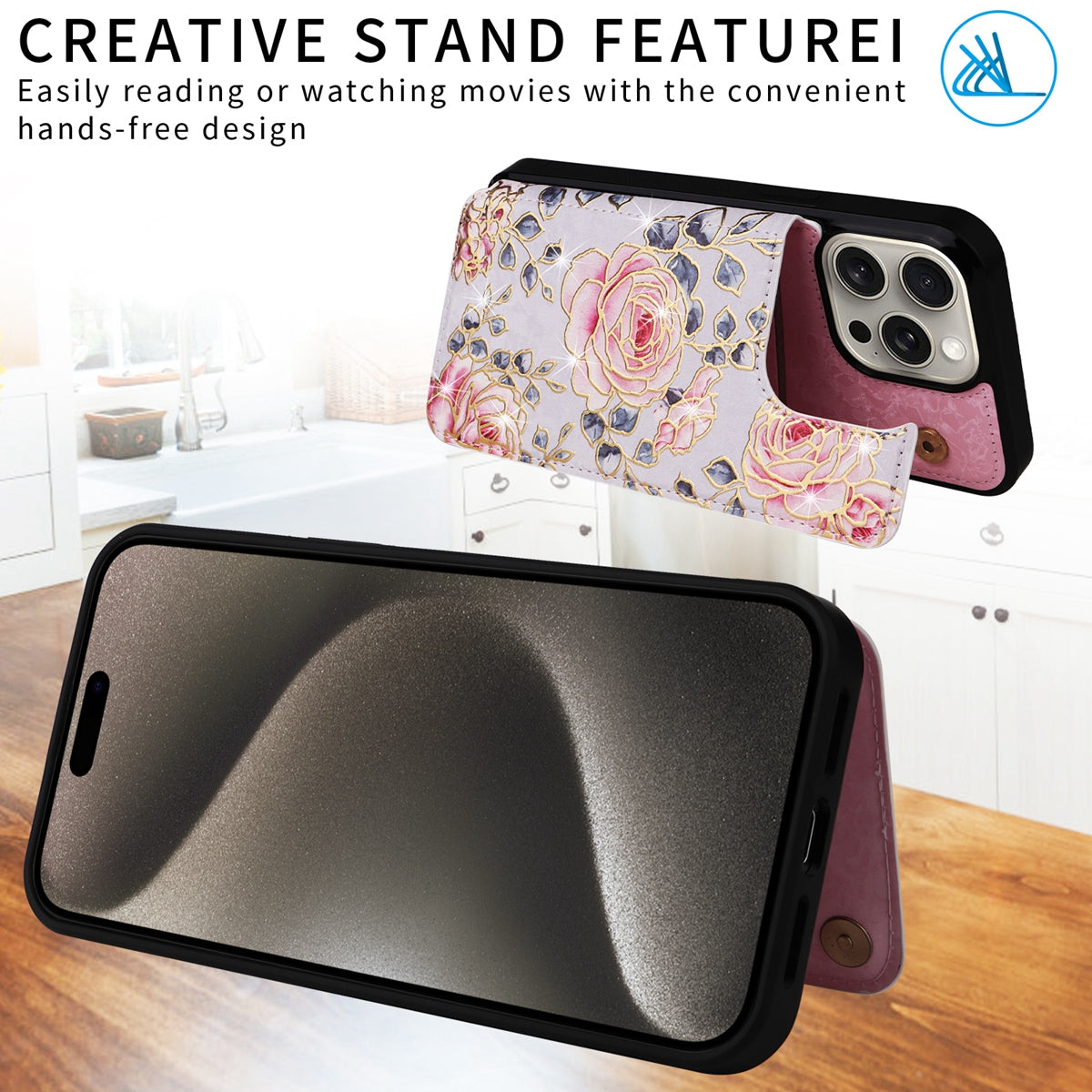 Hot Stamped Floral Wallet iPhone Case – Card Slots Magnetic Closure, Elegant Leather Design, Shockproof Protection for iPhone