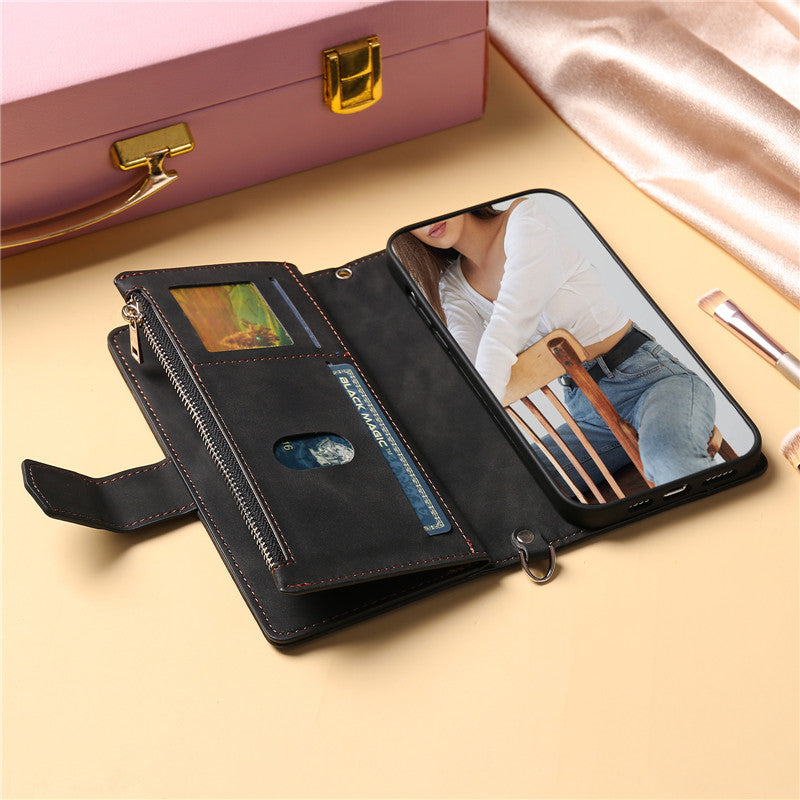 Luxury Flip Leather Wallet iPhone Case – Long Lanyard, Zipper Closure, Card Holder, and Premium Design for iPhone