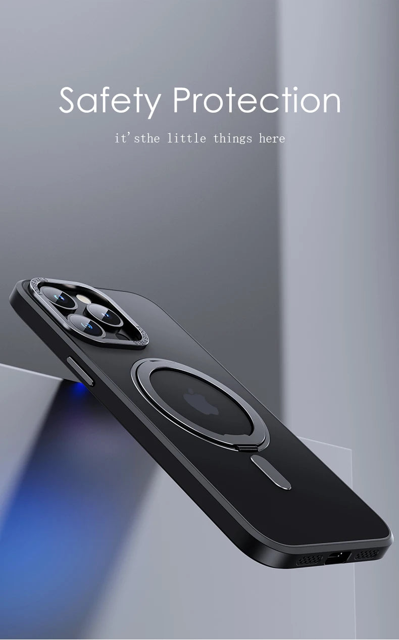 Luxury Magnetic 360° Rotating Stand Frosted Transparent Cover with Ring Holder Shockproof & Hands-Free Design Case for iPhone