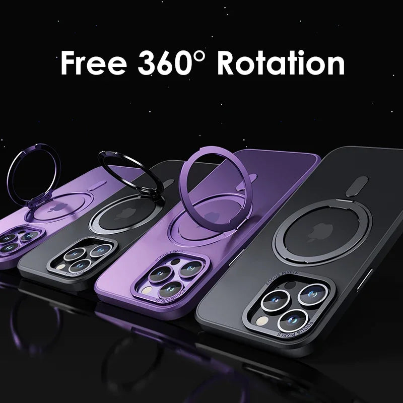Luxury Magnetic 360° Rotating Stand Frosted Transparent Cover with Ring Holder Shockproof & Hands-Free Design Case for iPhone
