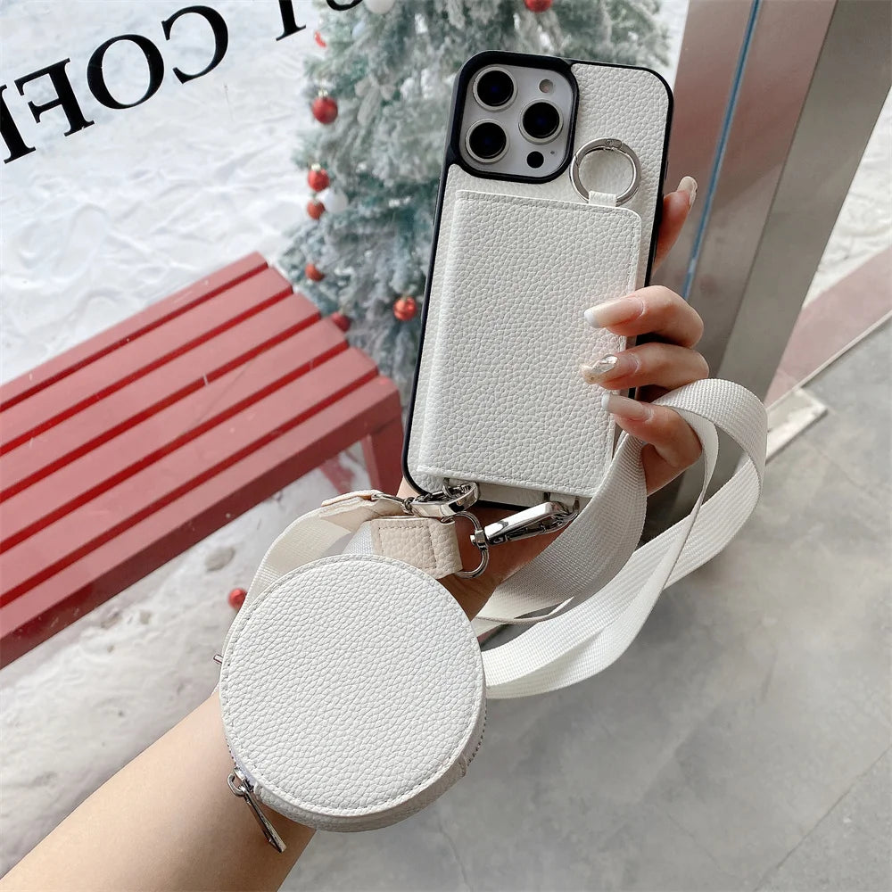Luxury Crossbody Wallet iPhone Case – Card Pocket Holder, Lanyard Leather Cover, Stylish & Functional Design Case for iPhone