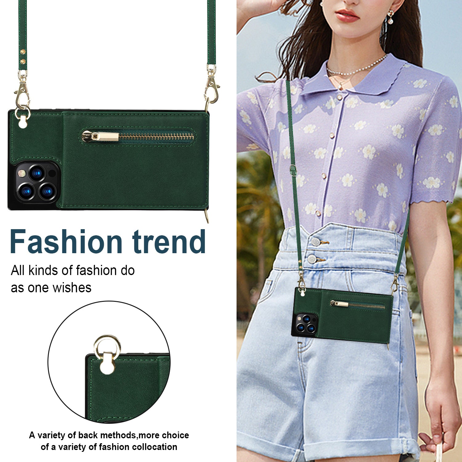 Luxury Zipper Wallet Crossbody Leather iPhone Case Card Holder, Lanyard Strap Magnetic Closure, Stylish Flip Cover for iPhone