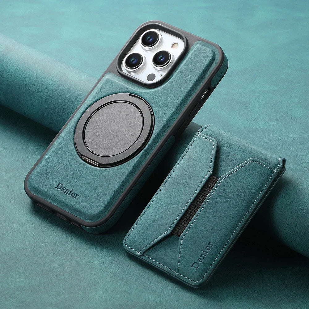 Luxury Magnetic Card Holder iPhone Case – 360° Rotating Stand, Multifunctional Leather Wallet, Shockproof Protection, MagSafe Compatible Cover for iPhone Models
