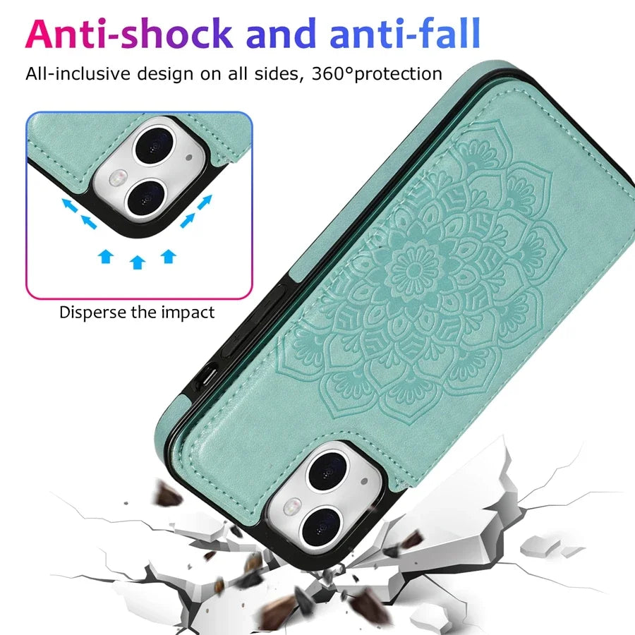 Luxury Wallet Datura Double Buckle iPhone Case – Magnetic Flip, Card Slot, Protective & Stylish Leather Cover Case for iPhone