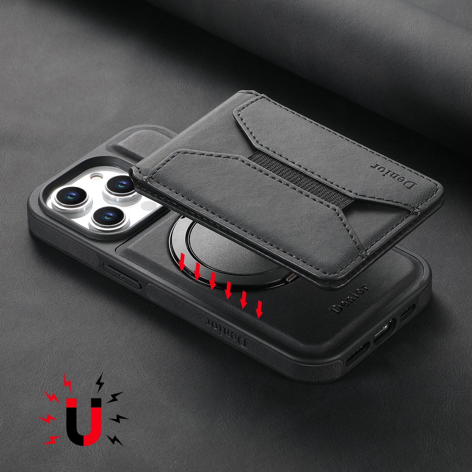 Luxury Magnetic Card Holder iPhone Case – 360° Rotating Stand, Multifunctional Leather Wallet, Shockproof Protection, MagSafe Compatible Cover for iPhone Models