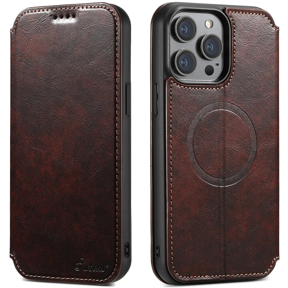 Luxury Leather Magnetic Flip iPhone Case – MagSafe Wallet Card Holder, Wireless Charging Compatible, Shockproof Protection, Elegant Design for iPhone Models