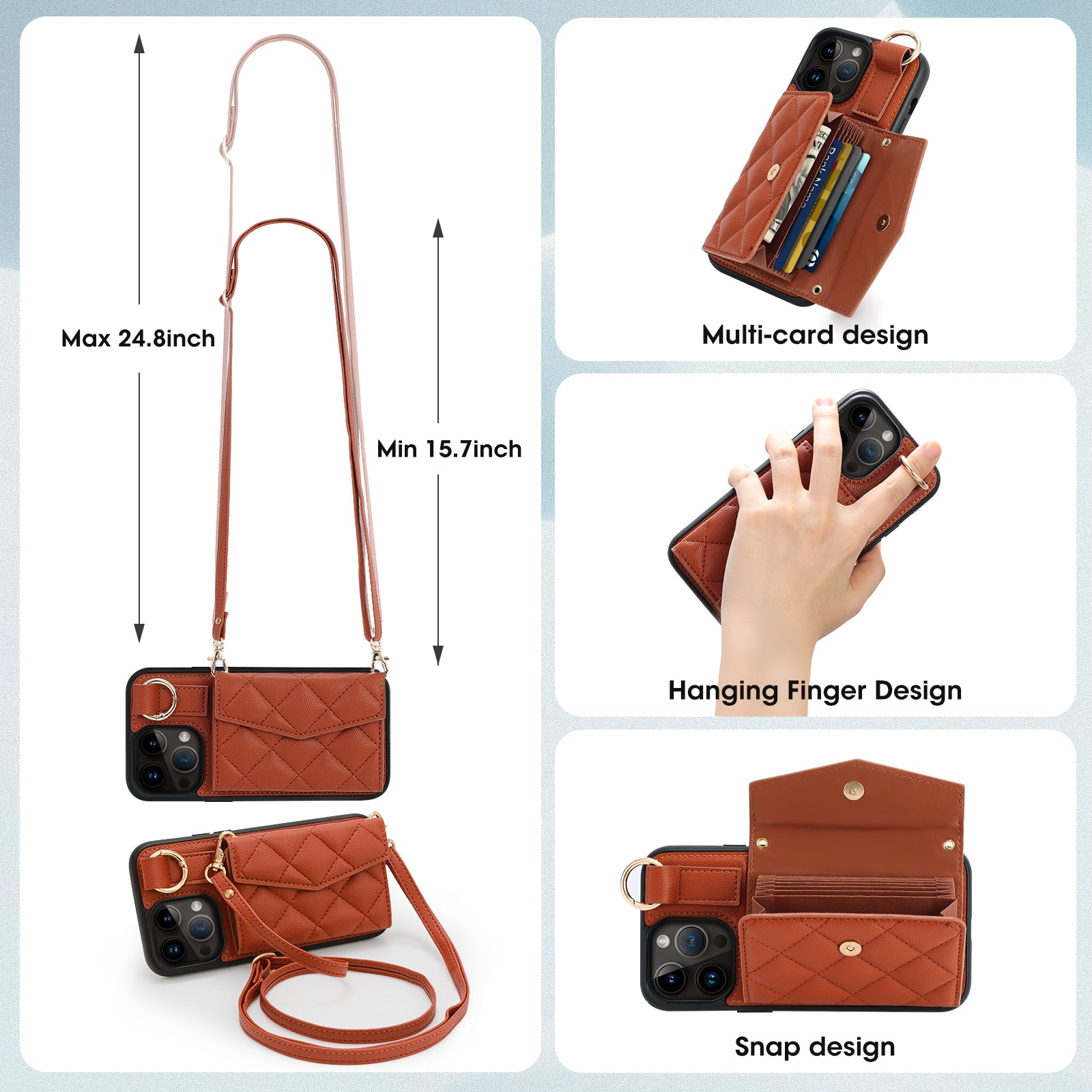 Luxury Crossbody Wallet iPhone Case – Cute Flip Leather Cover, Card Holder, Necklace Strap, Kickstand, Protection for iPhone