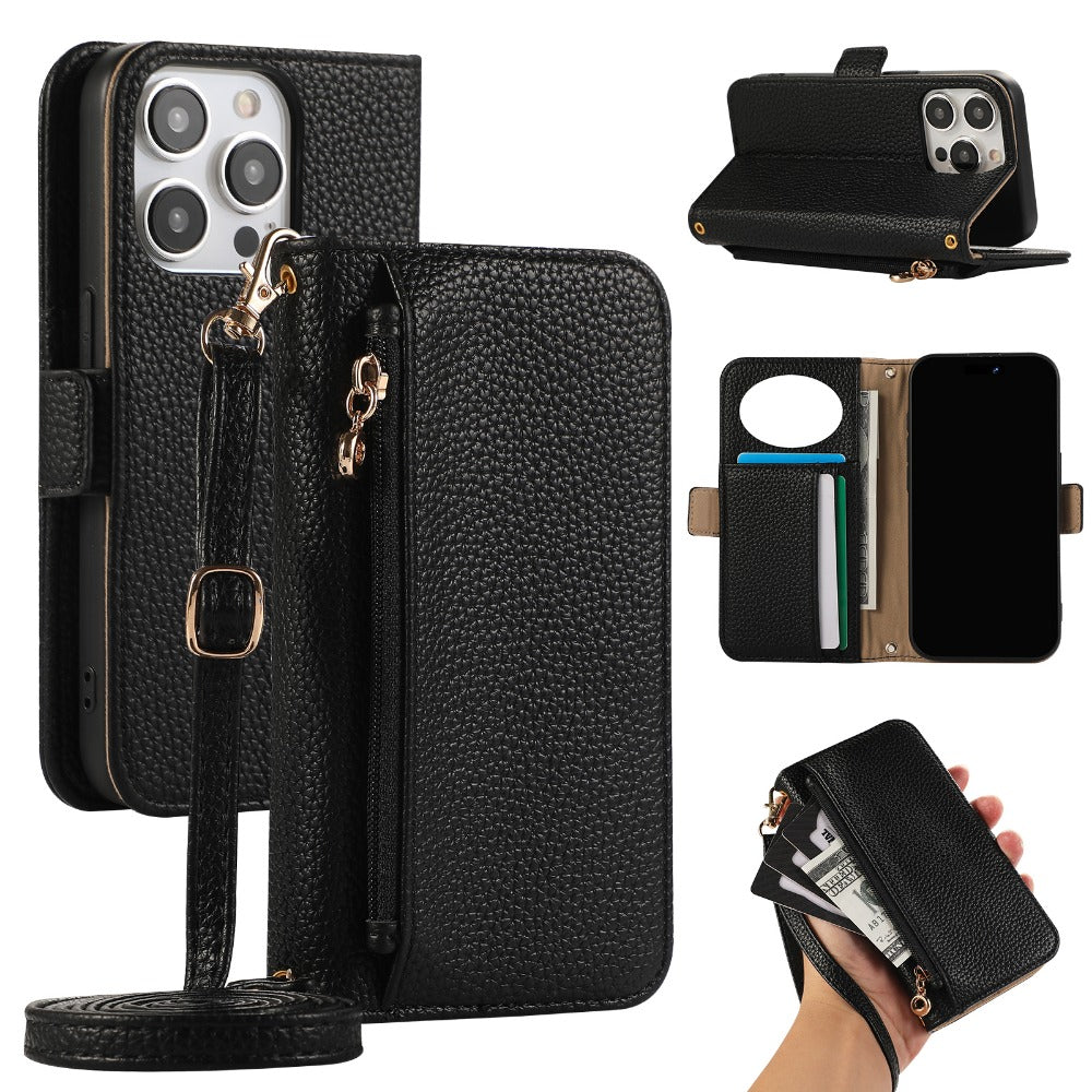 Luxury Crossbody Zipper Wallet iPhone Case – Leather Card Holder, Hands-Free Strap, Shockproof Protection, and Stylish Design for Ultimate Convenience