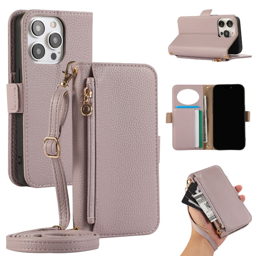 Luxury Crossbody Zipper Wallet iPhone Case – Leather Card Holder, Hands-Free Strap, Shockproof Protection, and Stylish Design for Ultimate Convenience