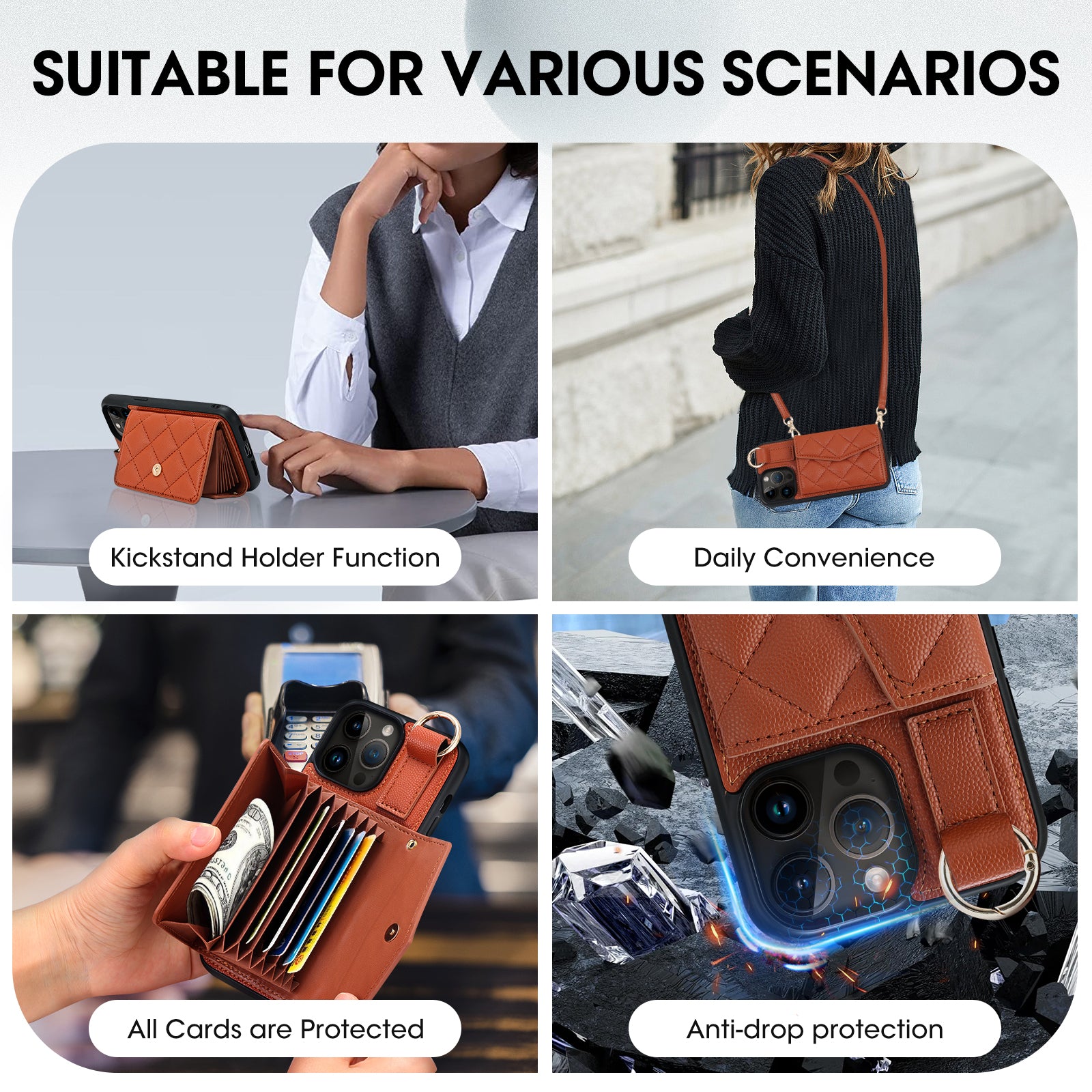 Luxury Crossbody Wallet iPhone Case – Cute Flip Leather Cover, Card Holder, Necklace Strap, Kickstand, Protection for iPhone