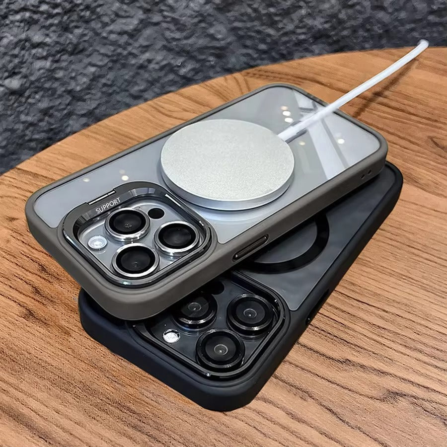 Premium Apple iPhone Case MagSafe Compatible, Camera Lens & Screen Protection, Cover with Transparent Stand & Lens Film