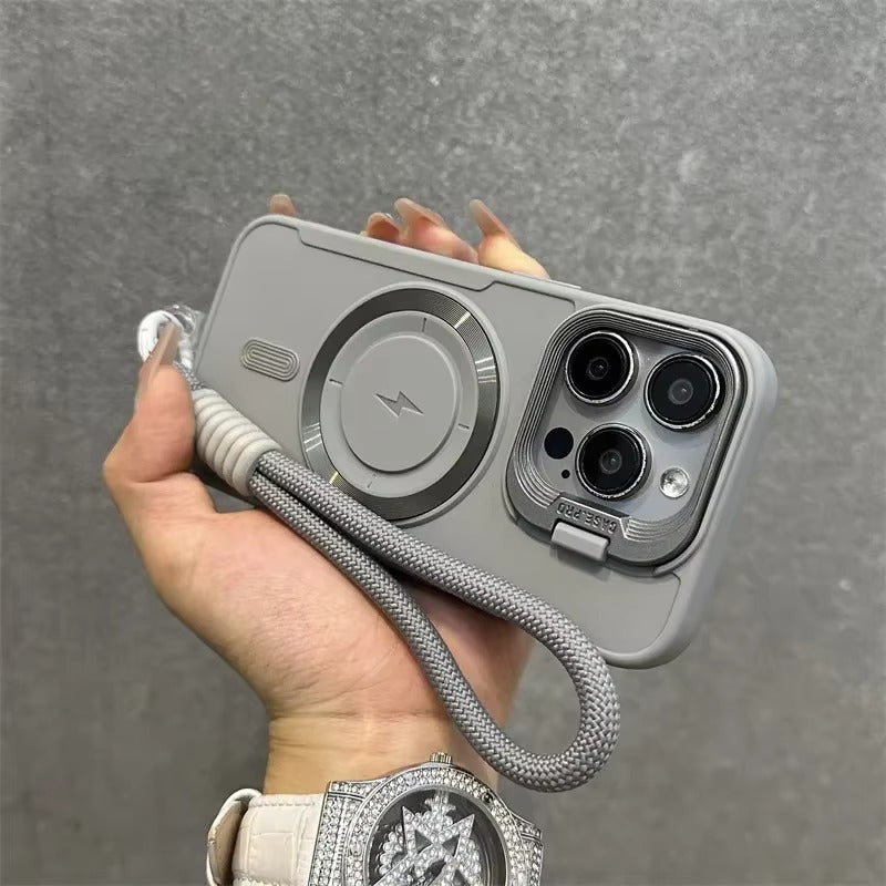 Premium Apple iPhone Case, MagSafe Compatible, Camera Lens & Screen Protection, Ultra Thin, Shockproof, Magnetic Full All Around Cover – Soft Silicone Case with Wrist Strap, Magnetic Lanyard & Lens Stand Bracket
