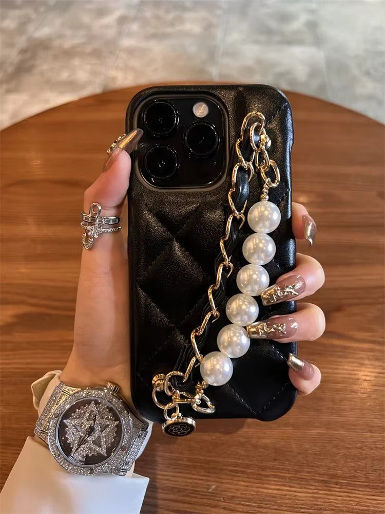 High Quality Apple iPhone Case, MagSafe Compatible, Camera Lens & Screen Protection, Ultra Thin, Shockproof, Magnetic Full All Around Cover – Lambskin Leather Handbag Case with Flower Pearl Strap & Long Metal Chain