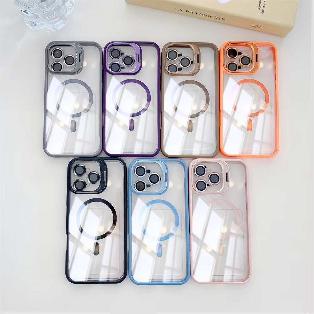Premium Apple iPhone Case MagSafe Compatible, Camera Lens & Screen Protection, Cover with Transparent Stand & Lens Film