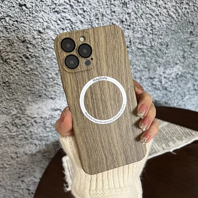 Premium Apple iPhone Case, MagSafe Compatible, Camera Lens and Screen Protection, Ultra Thin, Shockproof, Magnetic, Full All Around Protection, Wood Pattern Plastic Cover