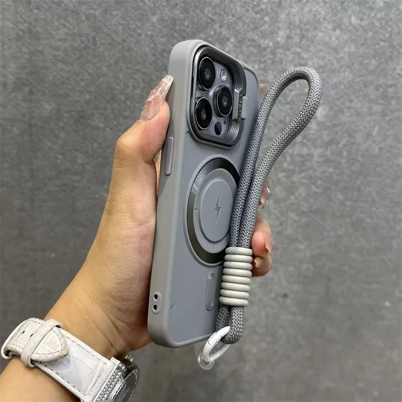 Premium Apple iPhone Case, MagSafe Compatible, Camera Lens & Screen Protection, Ultra Thin, Shockproof, Magnetic Full All Around Cover – Soft Silicone Case with Wrist Strap, Magnetic Lanyard & Lens Stand Bracket
