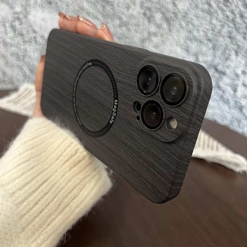 Premium Apple iPhone Case, MagSafe Compatible, Camera Lens and Screen Protection, Ultra Thin, Shockproof, Magnetic, Full All Around Protection, Wood Pattern Plastic Cover