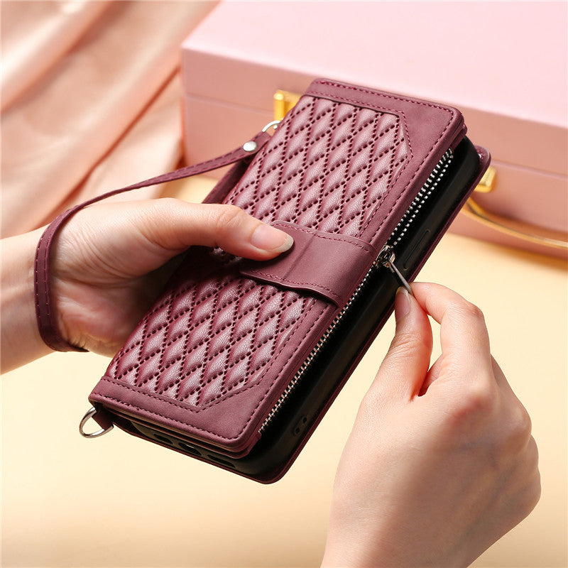 Luxury Flip Leather Wallet iPhone Case – Long Lanyard, Zipper Closure, Card Holder, and Premium Design for iPhone