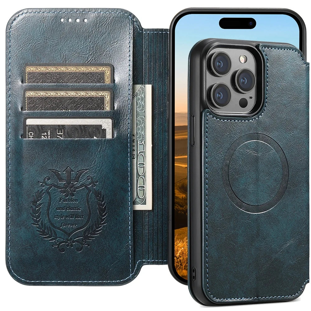 Luxury Leather Magnetic Flip iPhone Case – MagSafe Wallet Card Holder, Wireless Charging Compatible, Shockproof Protection, Elegant Design for iPhone Models