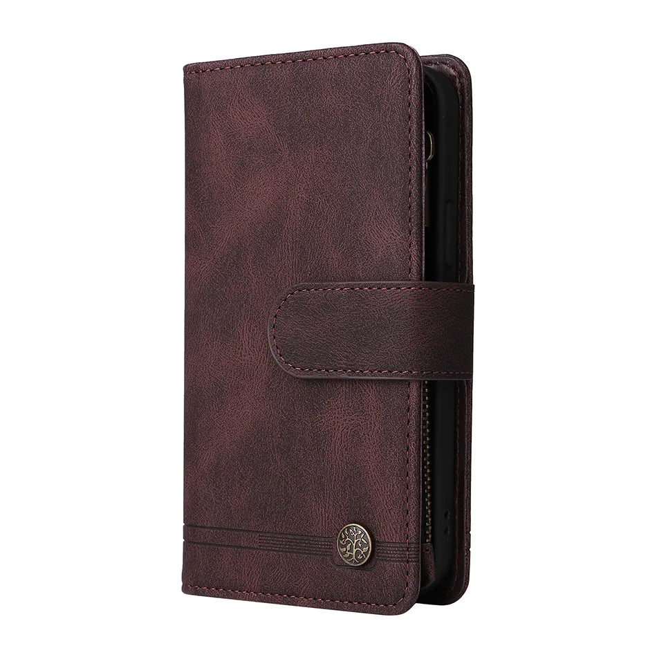 Premium Retro Flip Leather iPhone Case – Zipper Wallet, Multi-Card Slots, Necklace Lanyard, Magnetic Closure, Shockproof Protection for iPhone