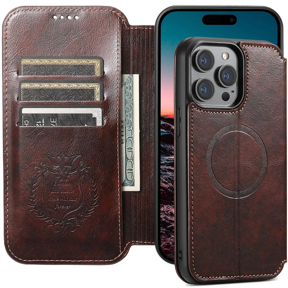 Luxury Leather Magnetic Flip iPhone Case – MagSafe Wallet Card Holder, Wireless Charging Compatible, Shockproof Protection, Elegant Design for iPhone Models
