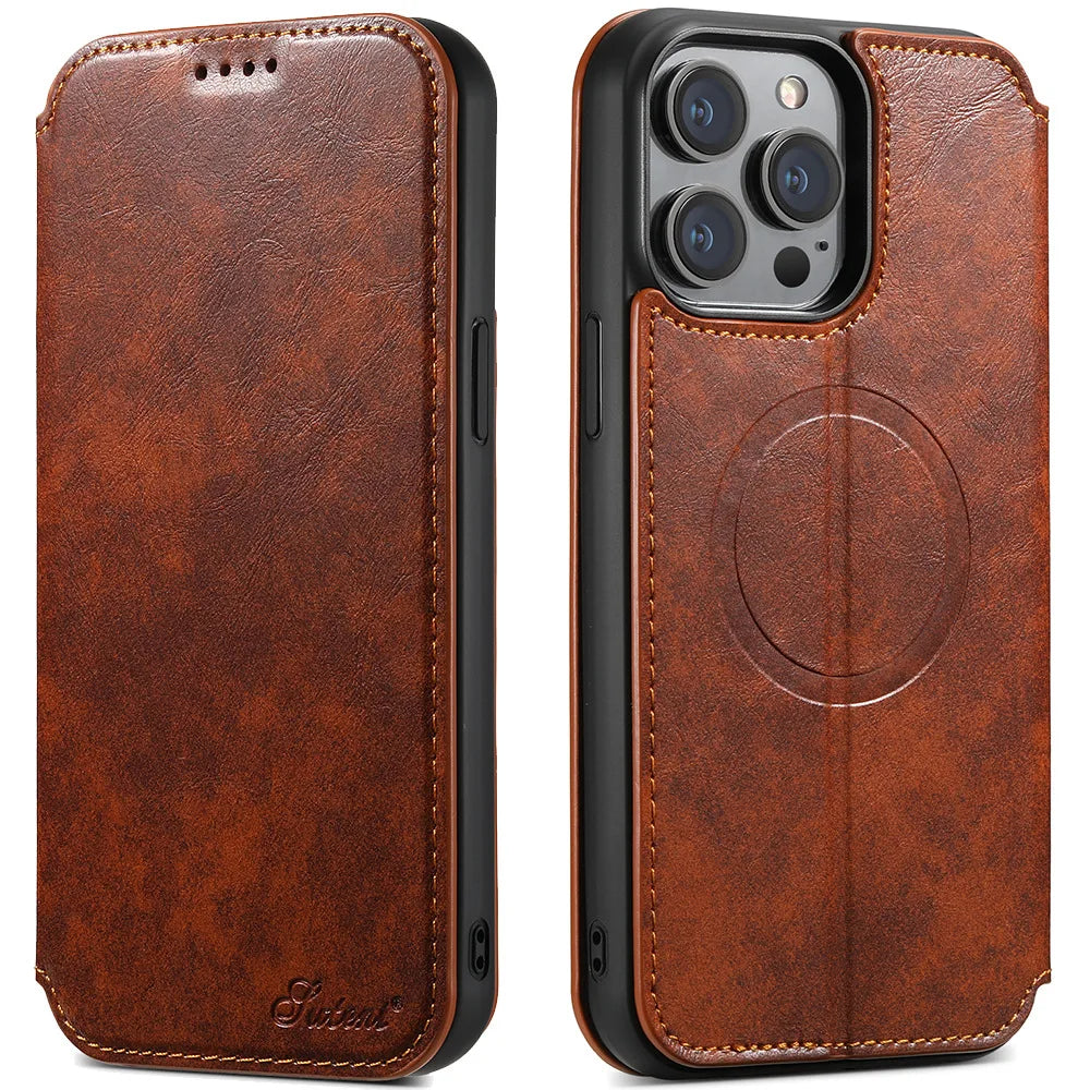 Luxury Leather Magnetic Flip iPhone Case – MagSafe Wallet Card Holder, Wireless Charging Compatible, Shockproof Protection, Elegant Design for iPhone Models