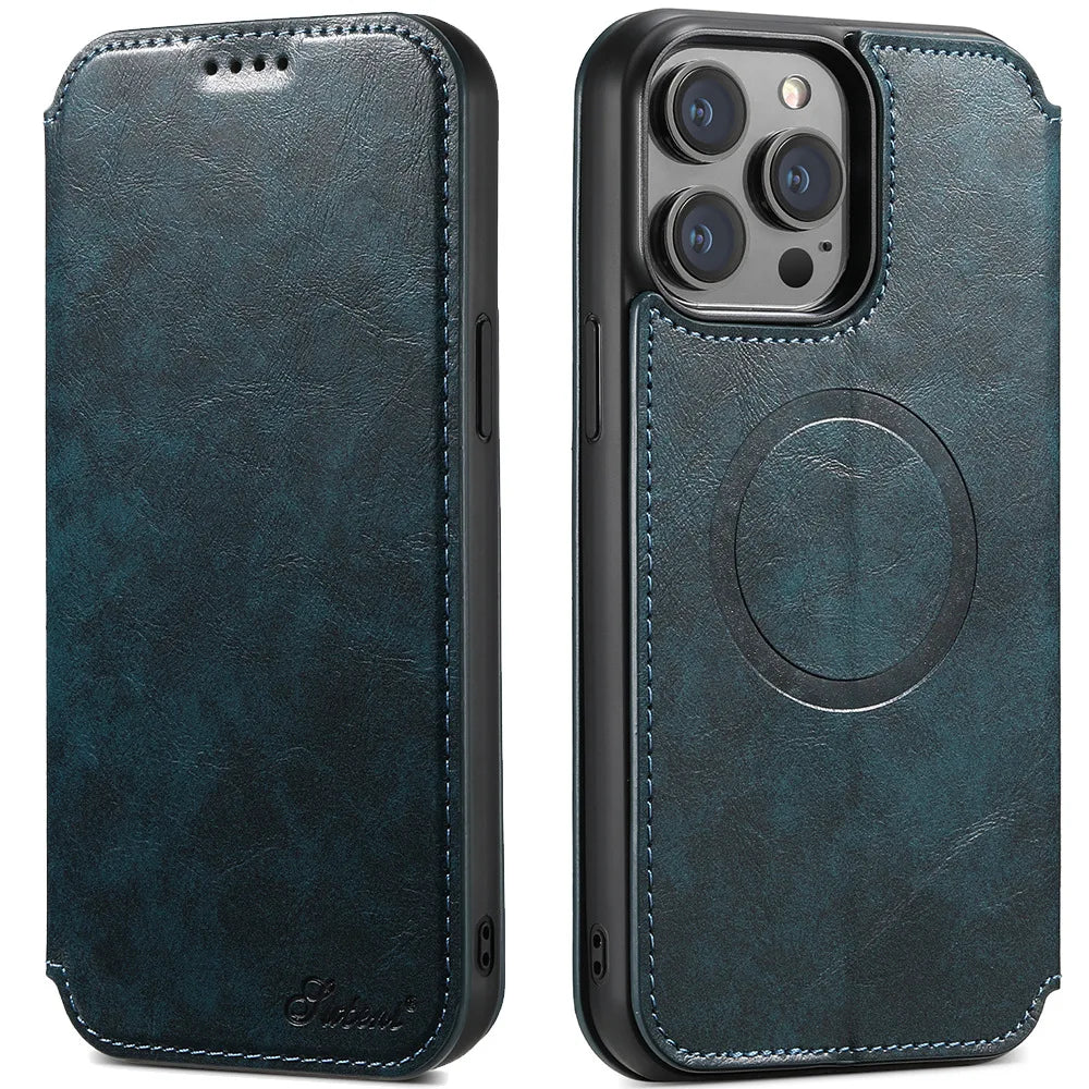 Luxury Leather Magnetic Flip iPhone Case – MagSafe Wallet Card Holder, Wireless Charging Compatible, Shockproof Protection, Elegant Design for iPhone Models